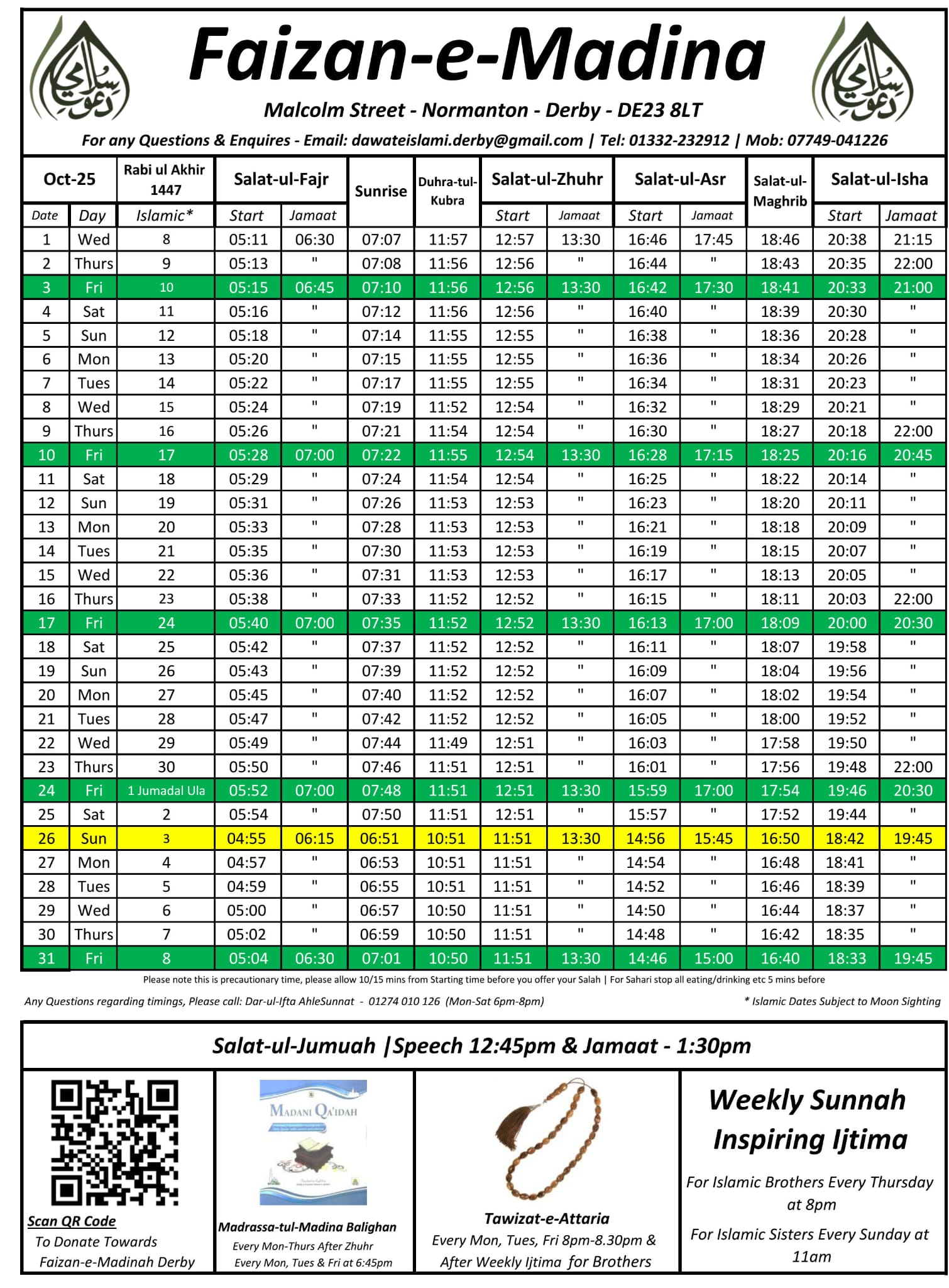 🕌 Faizan-e-Madinah Derby </br>🗓 October 2025  Timetable