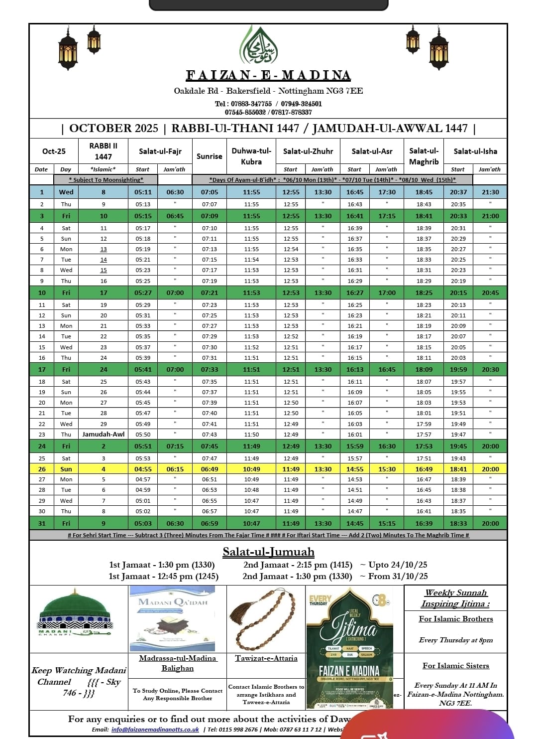 🕌 Faizan-e-Madinah Nottingham </br>🗓 October 2025  Timetable